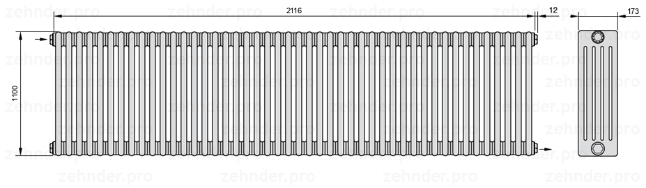 Схема (чертеж) Радиатор Zehnder Charleston 5110/46 №1670 Белый глянцевый RAL 9016
